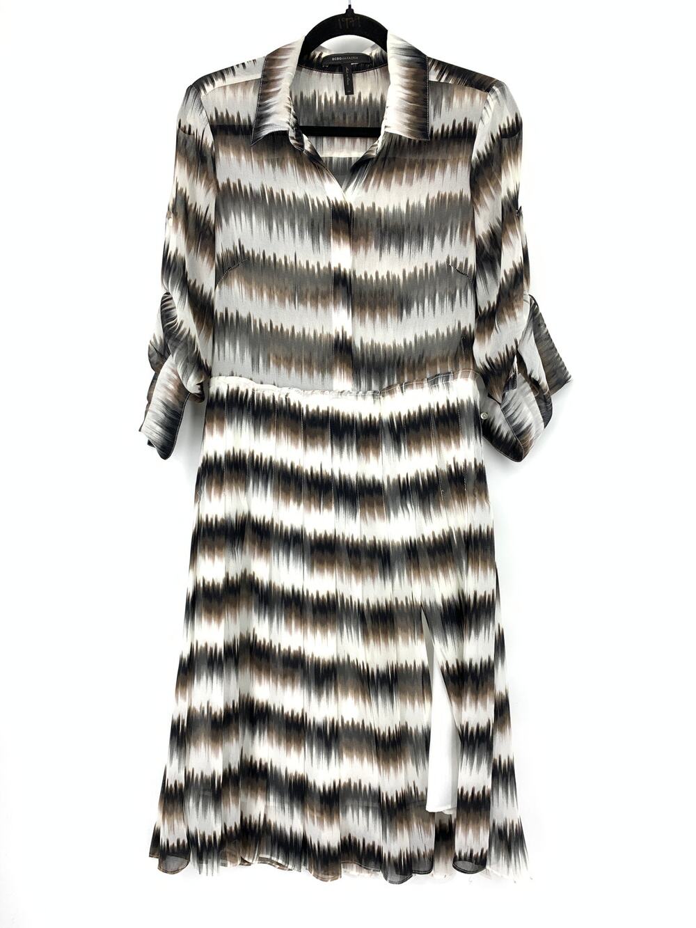 BCBGMaxazria Shirt Dress Womens Size 4 White With Black Brown Abstract Stripe